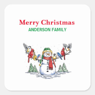 Christmas Cute Snowman With Birds On His Arms    S Square Sticker