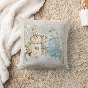 Christmas Cute Snowman with Snowflakes Throw Pillow