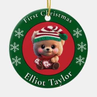 Christmas cute teddy bear cub red green lights ceramic ornament