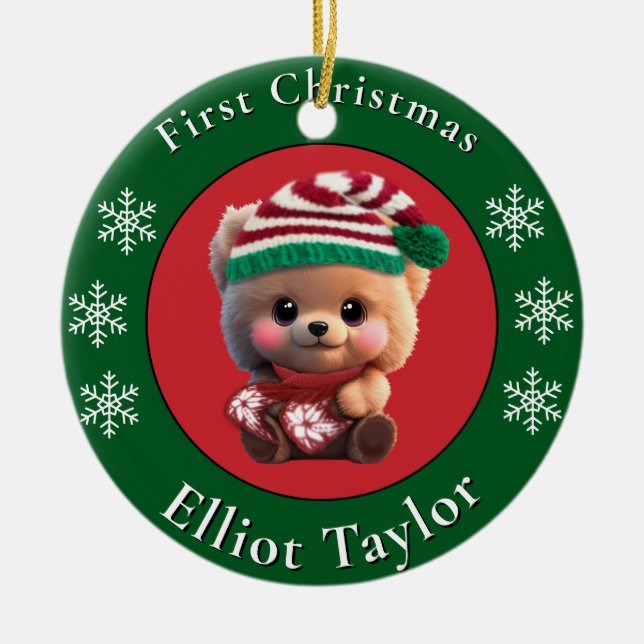 Christmas cute teddy bear cub red green lights  ceramic ornament (Front)