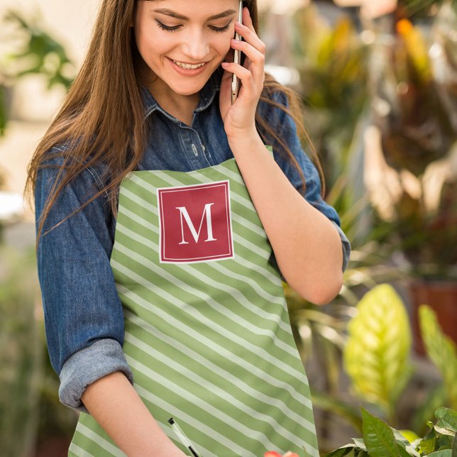 Christmas Cute Typography Whimsical Green Stripes Apron (Whimsical green striped with red monogram apron)