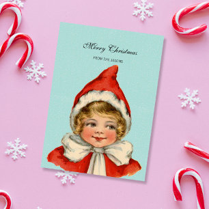 Christmas Cute Vintage Elf Girl Blue Personalized Holiday Card