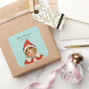 Christmas Cute Vintage Elf Girl Personalized Square Sticker