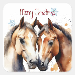 Christmas Cute Watercolor Horse Horses Square Sticker