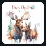 Christmas Cute Watercolor Moose Family Animals  Square Sticker<br><div class="desc">Christmas Cute Watercolor Moose Family   Wildlife  Animal Nature Art</div>