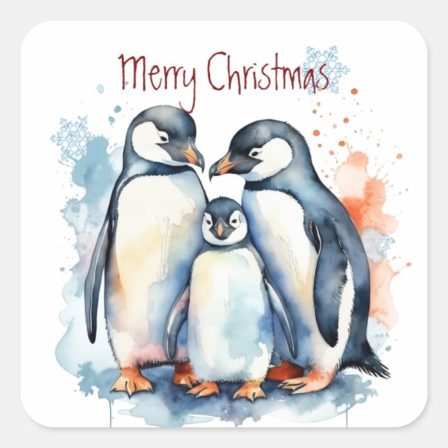 Christmas Cute Watercolor Penguin Family Animals  Square Sticker (Front)