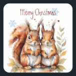 Christmas Cute Watercolor Squirrels Wildlife  Square Sticker<br><div class="desc">Christmas Cute Watercolor Squirrels Wildlife  Animal Nature Art</div>