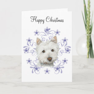 Christmas Cute Westie Dog Art and Snow flake Holiday Card