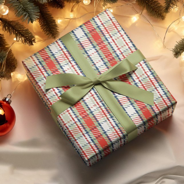 Christmas Cute Winter Red Green Plaid Pattern  Wrapping Paper (Classic red and green plaid Christmas gift wrap with ribbon and festive holiday decor)