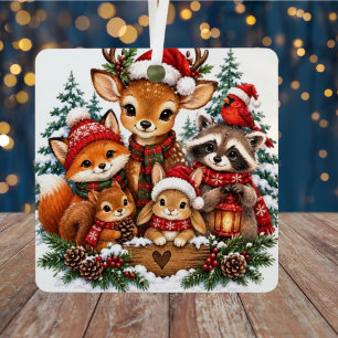 Christmas Cute Woodland Creatures Crimson Family Metal Ornament
