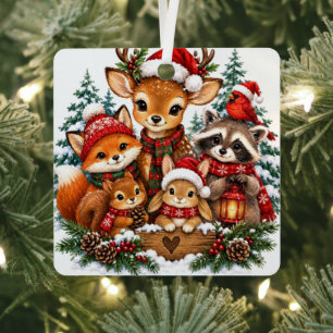 Christmas Cute Woodland Creatures Crimson Family Metal Ornament