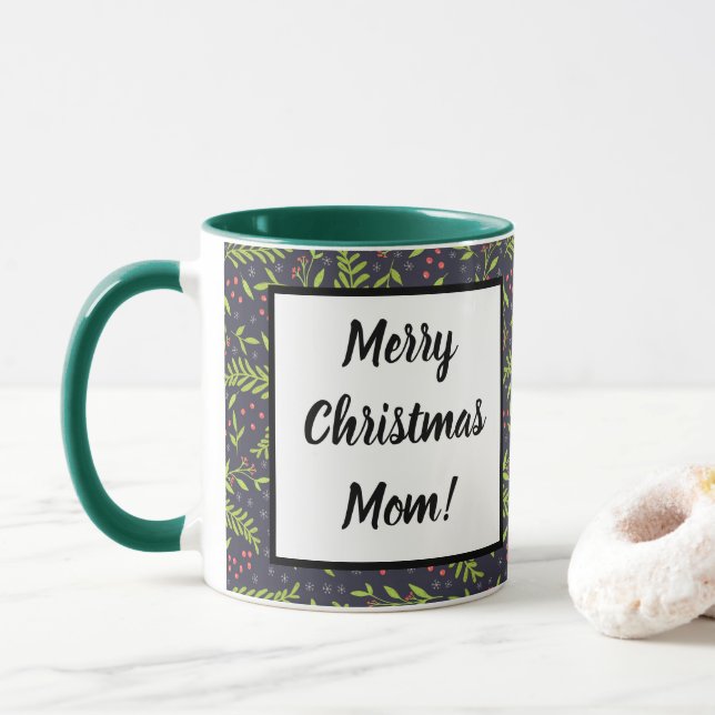 Christmas Cypress Snowflakes Berries Red Flowers Mug (With Donut)