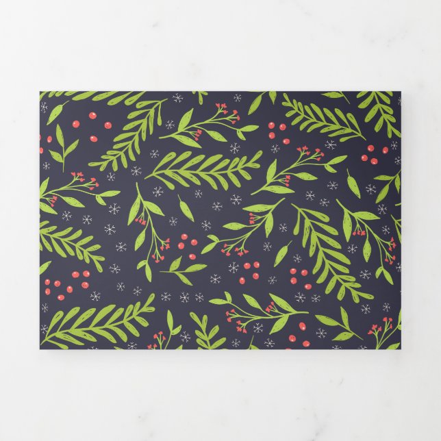 Christmas Cypress Snowflakes Berries Red Flowers Tri-Fold Holiday Card (Cover)