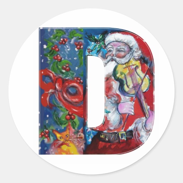 CHRISTMAS D LETTER  / SANTA WITH VIOLIN MONOGRAM CLASSIC ROUND STICKER (Front)
