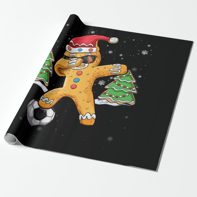 Christmas Dabbing Gingerbread Soccer Sport Santa Wrapping Paper (Unrolled)