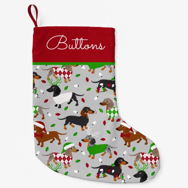 Christmas Dachshund All Coats Custom Name Small Christmas Stocking (Front)
