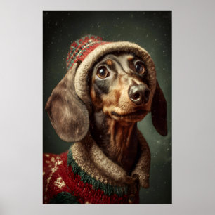 Christmas Dachshund Art Print, Dog In Sweater Poster