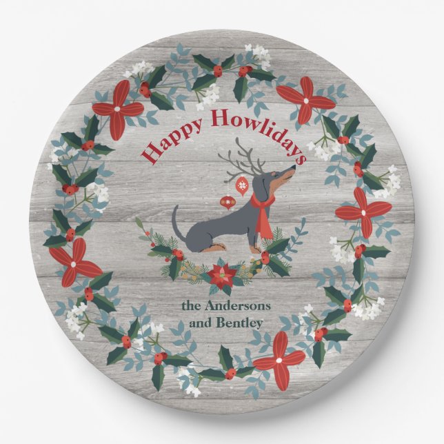 Christmas Dachshund   Dog Antlers Rustic Greenery Paper Plate (Front)