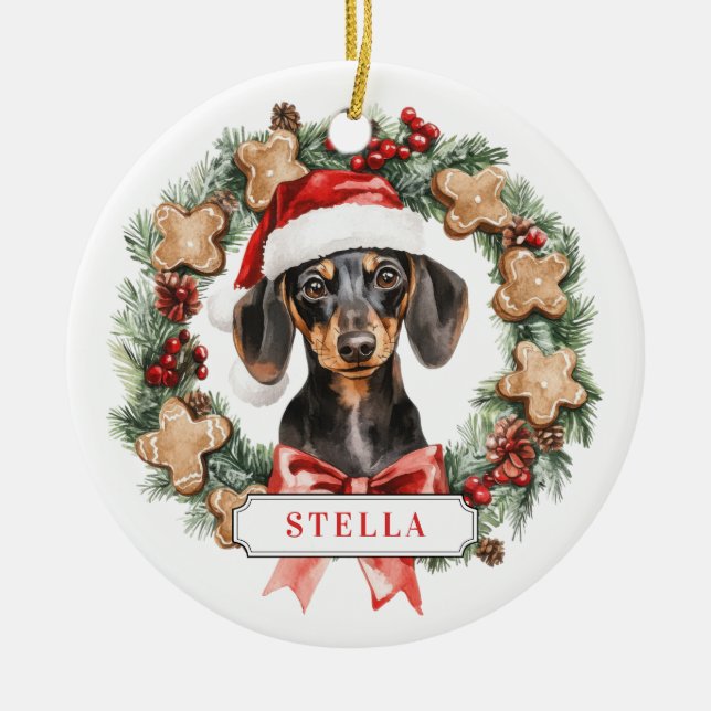 Christmas Dachshund Dog Ceramic Circle Ornament (Front)