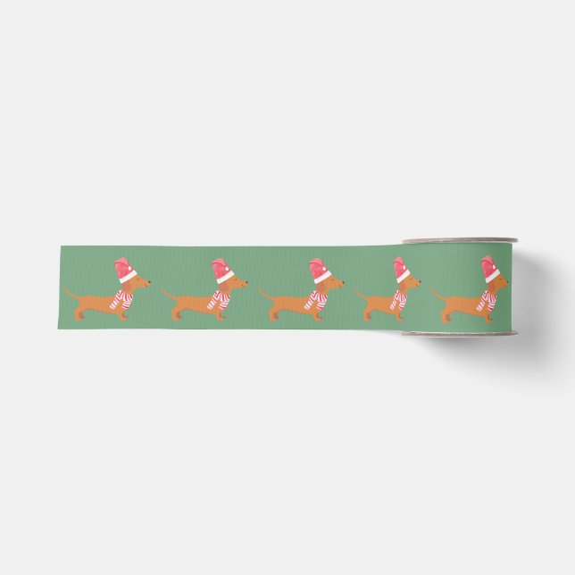 Christmas Dachshund Dog Green Grosgrain Ribbon (Front)