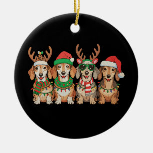 Christmas Dachshund Dog Xmas Lights Santa Hat Ceramic Ornament