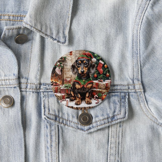 Christmas Dachshund Dogs Elf 3 Inch Round Button (In Situ)
