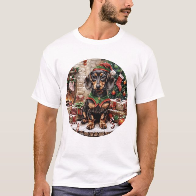 Christmas Dachshund Dogs Elf T-Shirt (Front)