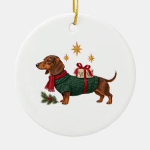 Christmas Dachshund in Green Sweater and Red Scarf Ceramic Ornament