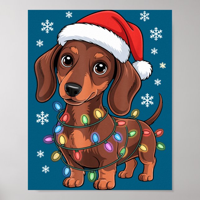 Christmas Dachshund Lights Santa Hat Holiday Dog L Poster (Front)