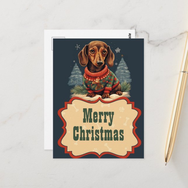 Christmas Dachshund Painting Postcard (Front/Back In Situ)