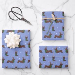 Christmas Dachshund Reindeer Cute Fun Pattern Wrapping Paper Sheet