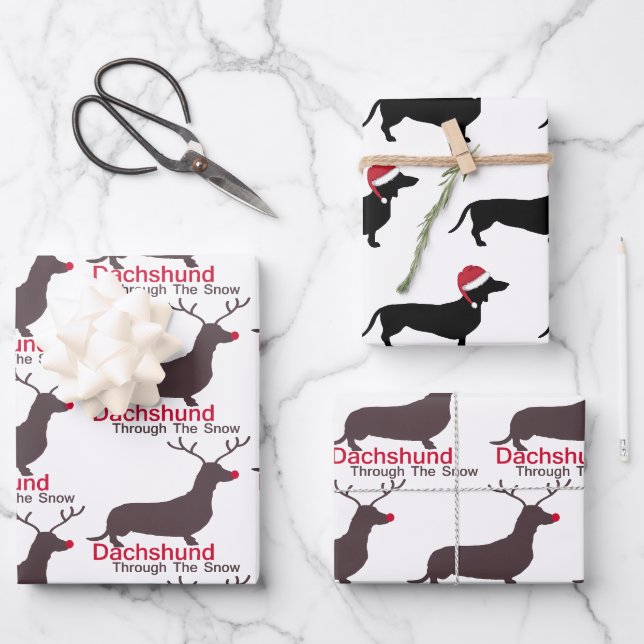Christmas Dachshund Through The Snow Wrapping Paper Sheet (Front)
