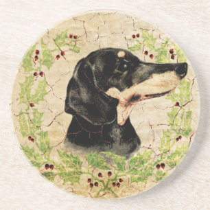Christmas Dachshund Vintage Holly Wreath Coaster
