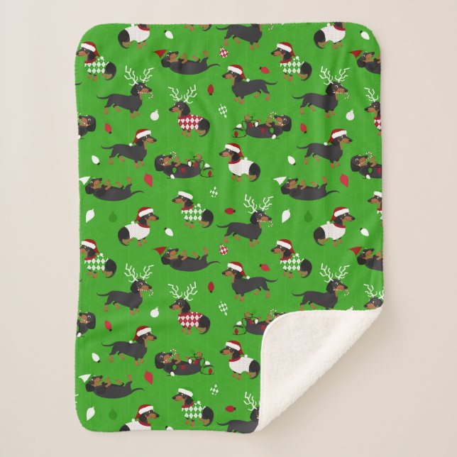 Christmas Dachshunds Green Sherpa Blanket (Front)