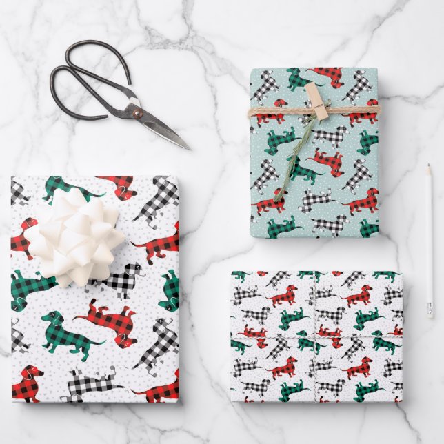 Christmas Dachshunds in Red Flannel Buffalo Plaid Wrapping Paper Sheet (Front)