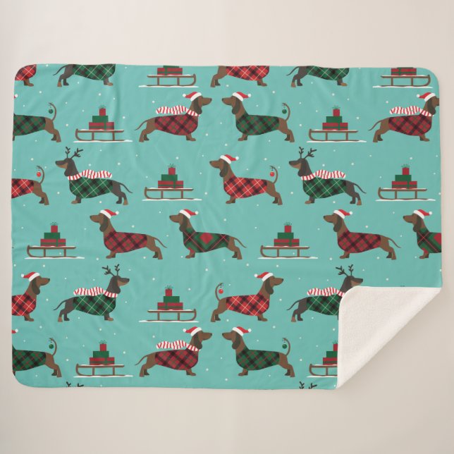Christmas Dachshunds Wearing Sweater & Santa Hat Sherpa Blanket (Front (Horizontal))