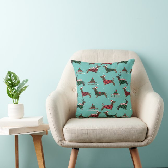 Christmas Dachshunds Wearing Sweater & Santa Hat Throw Pillow (Chair)