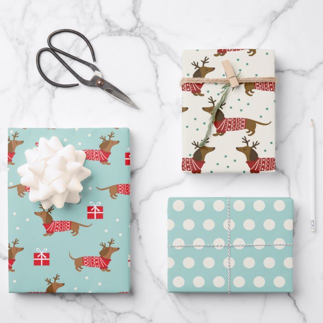 Christmas Dachshunds Wrapping Paper Set of 3 (Front)