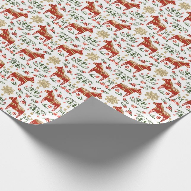 Christmas Dala Horse white Wrapping Paper (Corner)