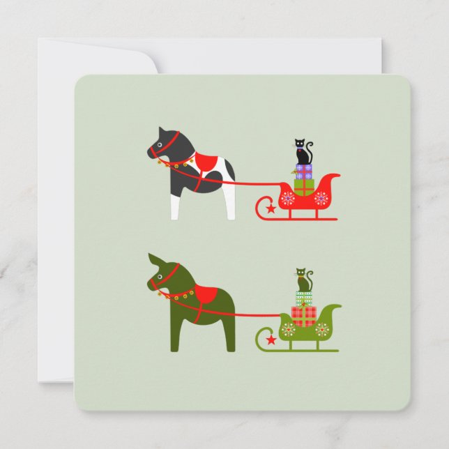 Christmas dala horses with arborderline and cats invitation (Front)