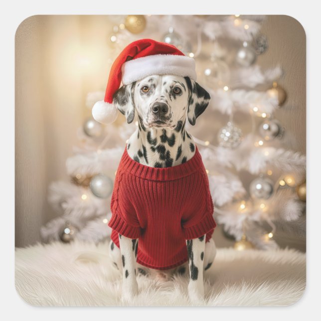 Christmas Dalmatian Dog In a Red Sweater Square Sticker (Front)