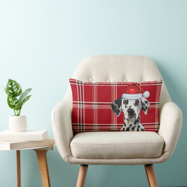 Christmas Dalmatian Dog Red Holiday Plaid Lumbar Pillow (Chair)