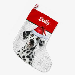 Christmas Dalmatian Dog with Name Woof Background Large Christmas Stocking