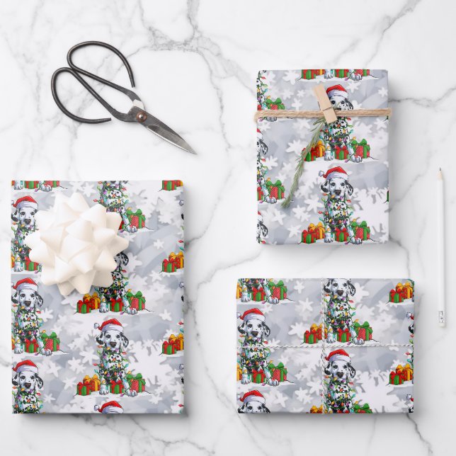 Christmas Dalmatian Wearing Santa Hat Lights Cute Wrapping Paper Sheet (Front)