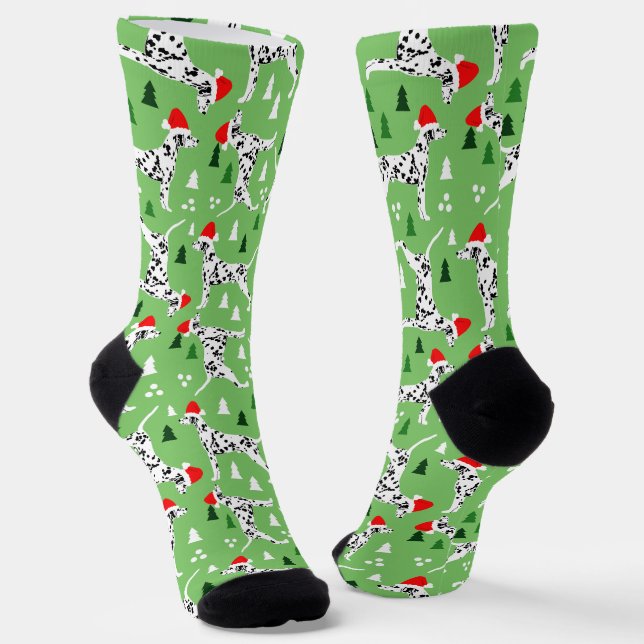 Christmas Dalmatians in Santa Hats Green Holiday Socks (Angled)