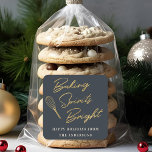 Christmas Dark Blue and Gold Holiday Baking Gift Square Sticker<br><div class="desc">Custom-designed holiday baking gift stickers and labels featuring "baking spirits bright" modern gold calligraphy design with personalized name.</div>