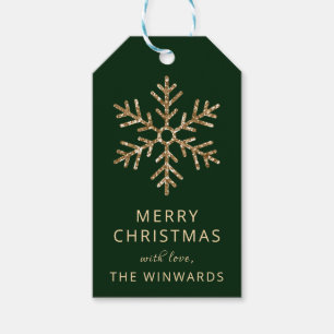 Christmas Dark Green and Gold Glitter Snowflake Gift Tags