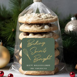 Christmas Dark Green and Gold Holiday Baking Gift Square Sticker<br><div class="desc">Custom-designed holiday baking gift stickers and labels featuring "baking spirits bright" modern gold calligraphy design with personalized name.</div>
