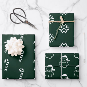 Christmas dark green candy cane santa snowflakes wrapping paper sheet