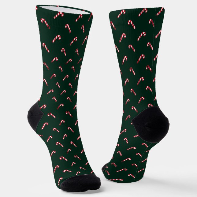 Christmas dark green red cute candy cane pattern socks (Angled)